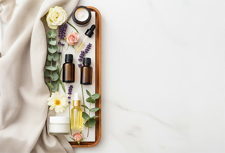 essential oils in a brown tray with cloth underneath