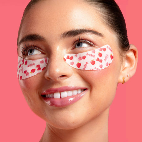 Woman wearing red and white patterned eye patches on a pink background