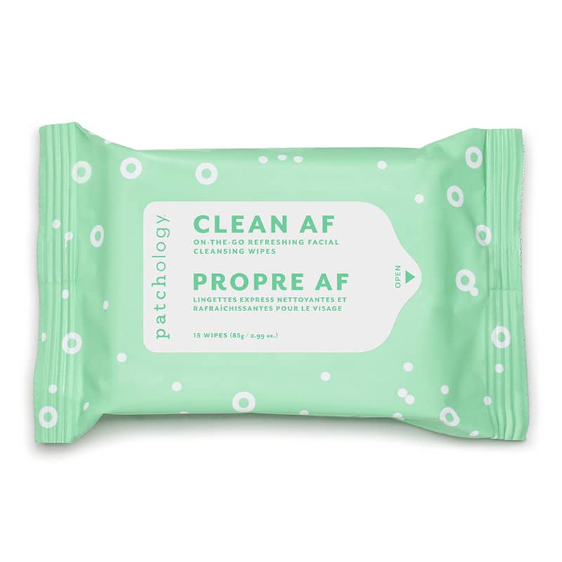 Green packaging of Patchology facial cleansing wipes with text on a white background