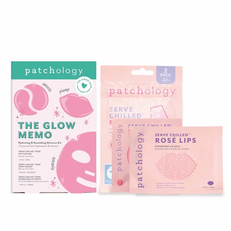 Three packages of Patchology skincare products on a white background