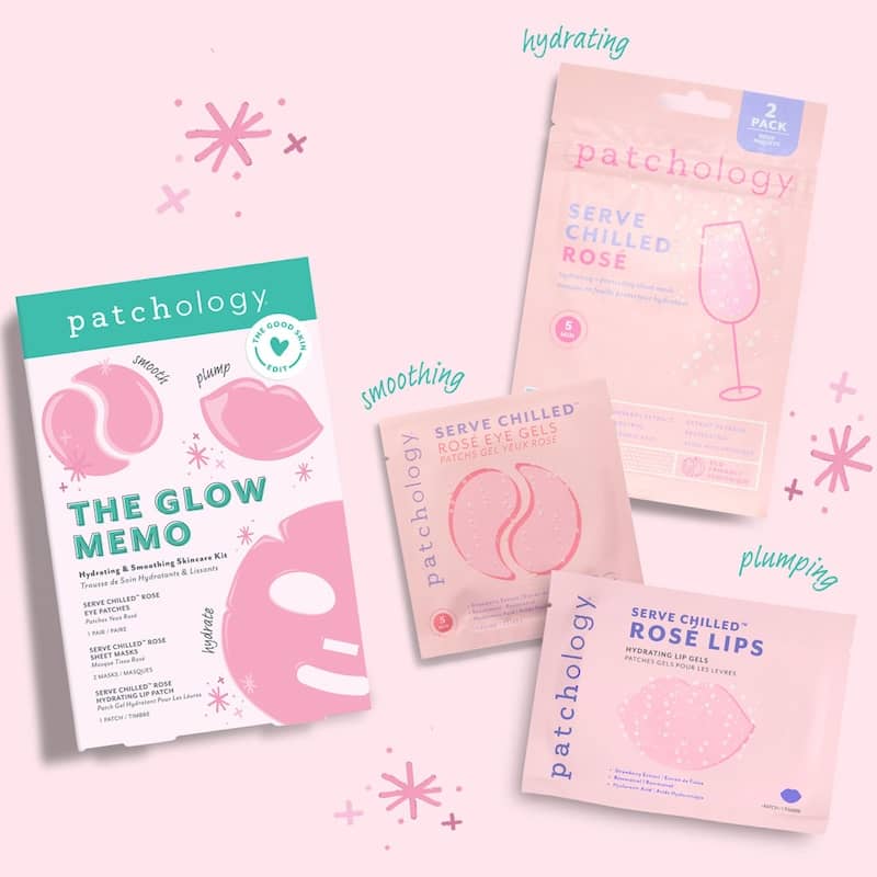 Patchology skincare masks with product names and descriptions on a light pink background