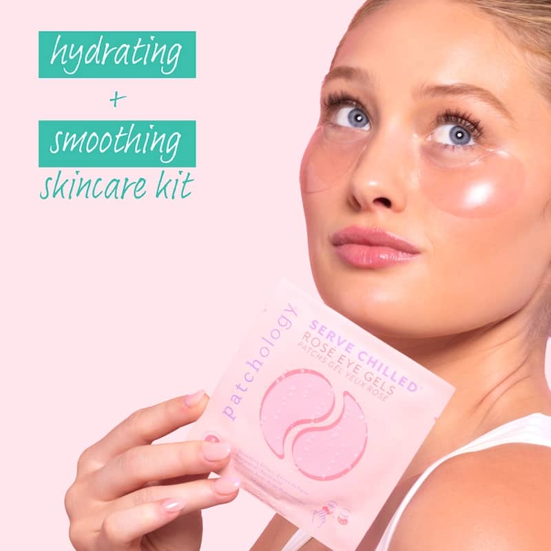 Woman holding a skincare kit with text 'hydrating + smoothing skincare kit' on a pink background
