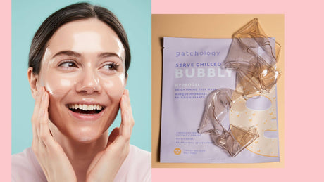 bubbly woman wearing hydrogel mask and bubbly in packaging