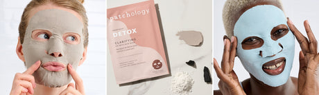 Patchology Detox clarifying face mask with clay sheet masks worn by models in beige and blue for deep cleansing skincare
