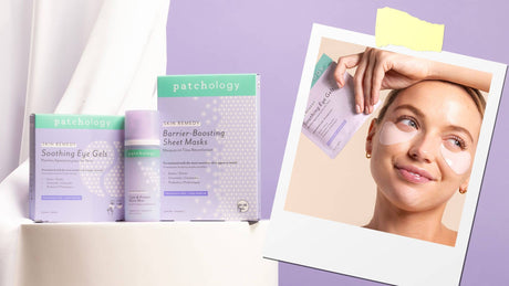 Patchology Skin Remedy products—including Soothing Eye Gels, Barrier-Boosting Sheet Masks, and a micro mist—displayed alongside a model wearing under-eye patches, highlighting a gentle, skin-soothing skincare routine.