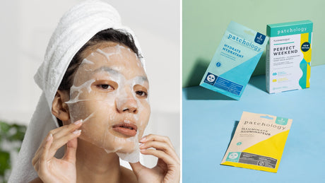 woman wearing hydrating sheet mask in the morning patchology skincare