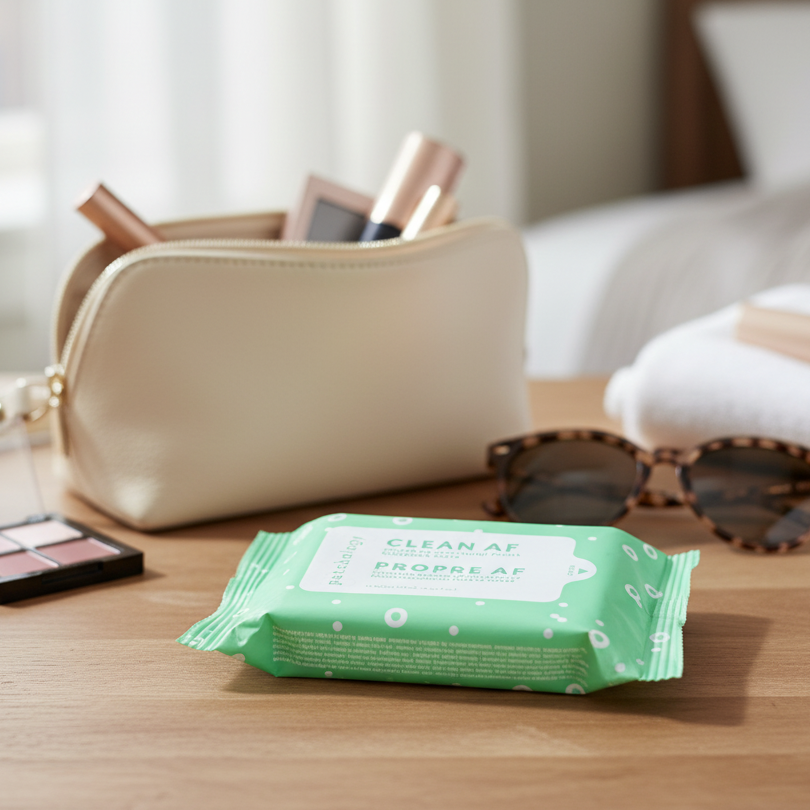 Green package of makeup removing Clean AF wipes on a table with a beige makeup bag and sunglasses in the background.
