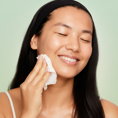 Woman cleaning her face with a white cloth against a light green background