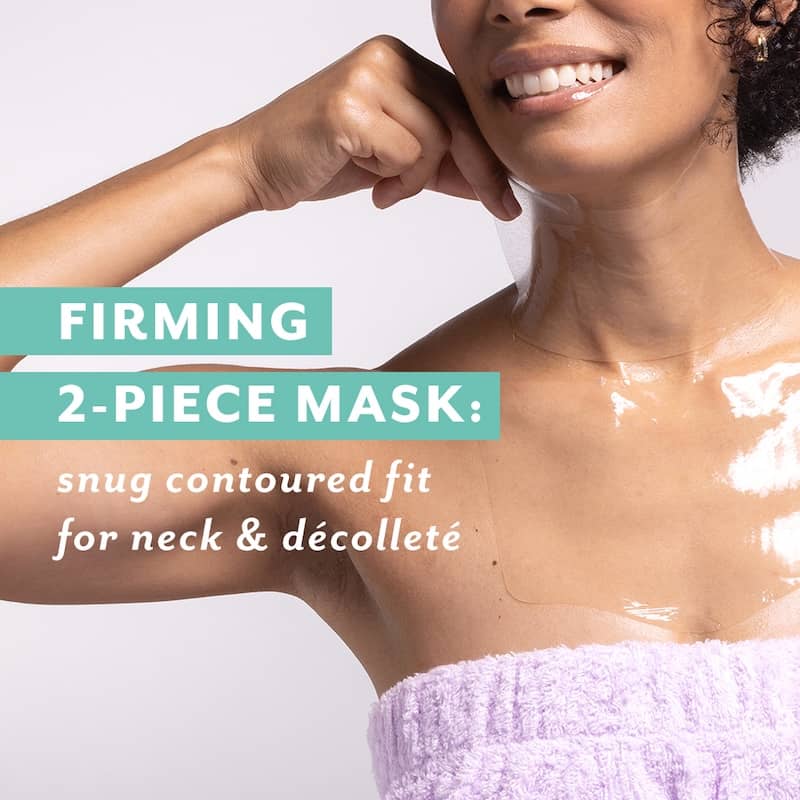 firming two piece mask woman wearing firm believer snug contoured fit for neck and chest