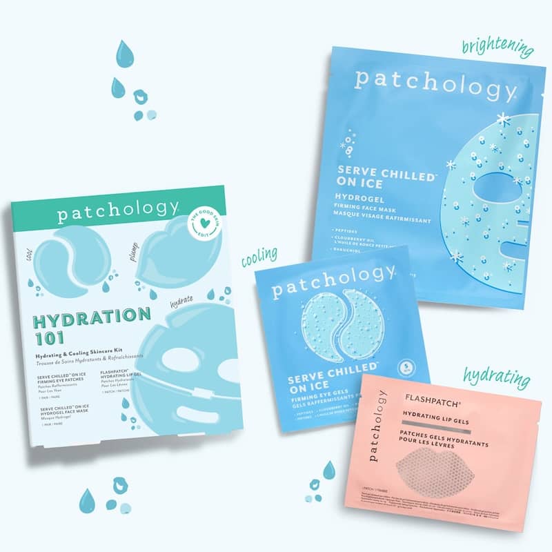 Collection of Patchology skincare products on a light background