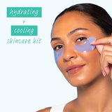Woman applying hydrating and cooling skincare patches with text on a white background