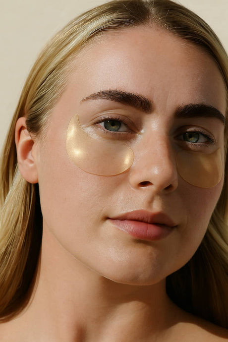 Woman wearing illuminating under eye patches to brighten and highlight eyes