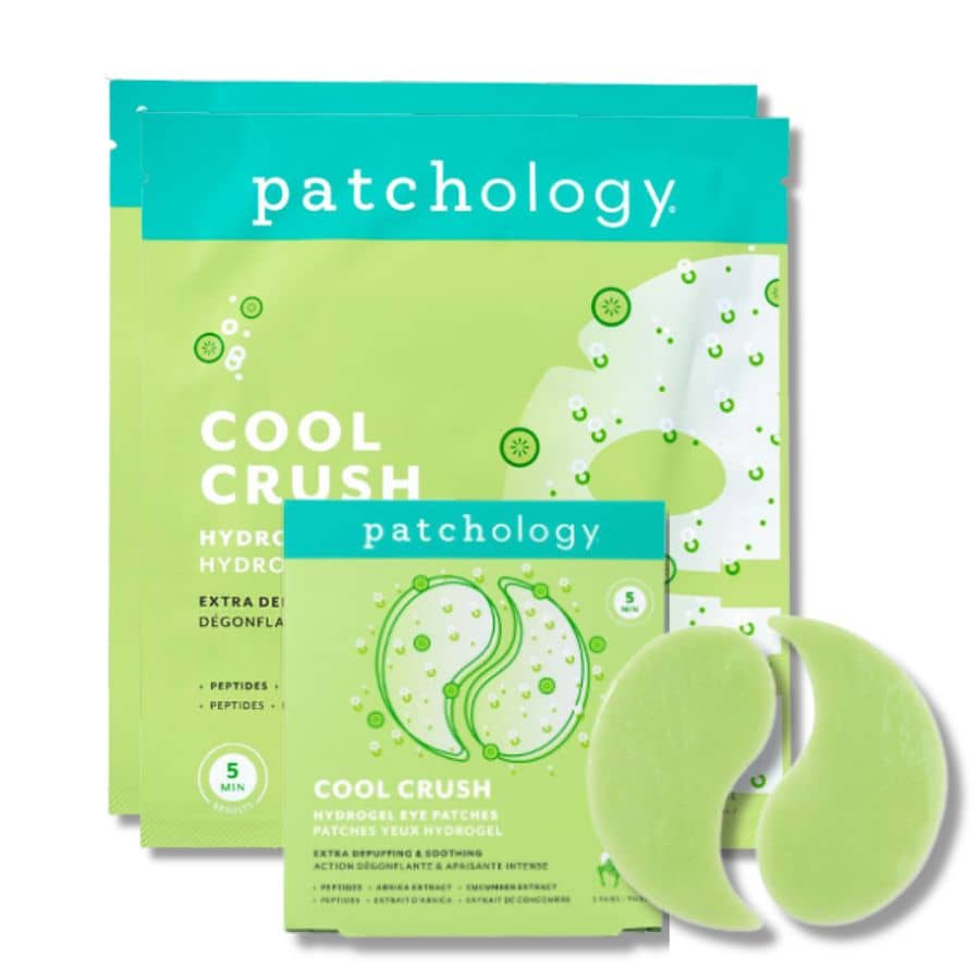Patchology “Cool Crush” hydrogel eye patches set with multiple sachets, depuffing and soothing under-eye gels with peptides, arnica, and cucumber for refreshed, revitalized skin
