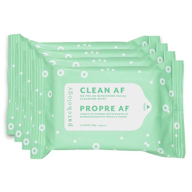 Pack of Patchology facial cleansing wipes with green packaging on a white background
