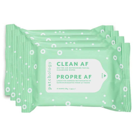 Pack of Patchology facial cleansing wipes with green packaging on a white background