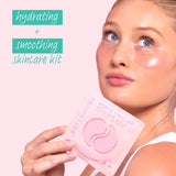 Woman holding a skincare kit with text 'hydrating + smoothing skincare kit' on a pink background